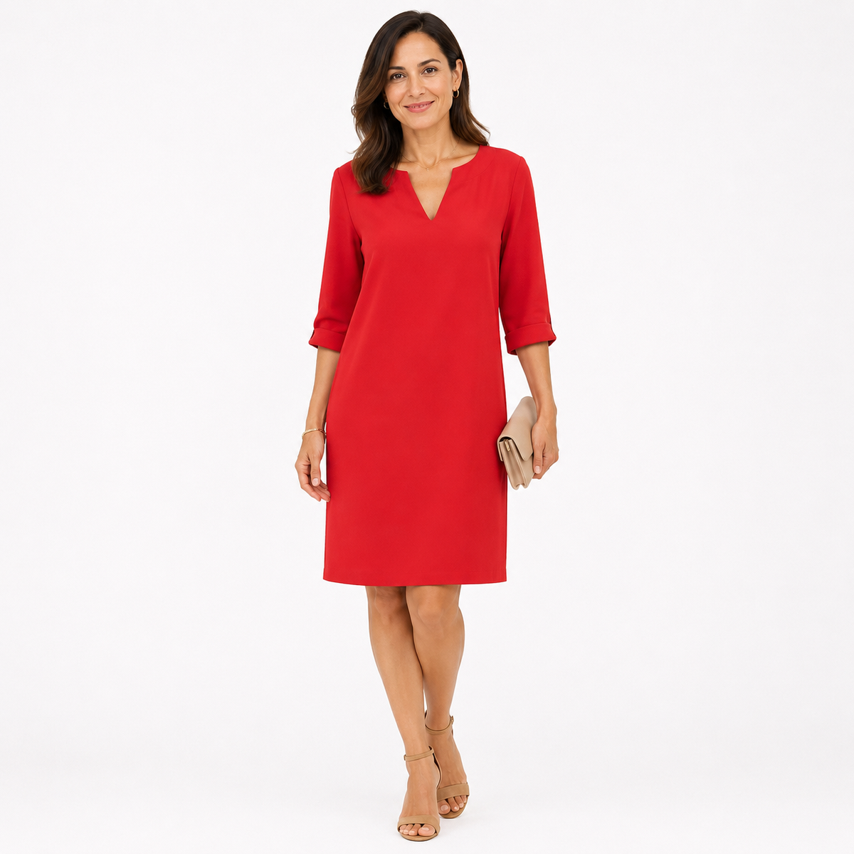 Montarello Women's Linen-Look V-Neck 3/4-Sleeve Midi Dress