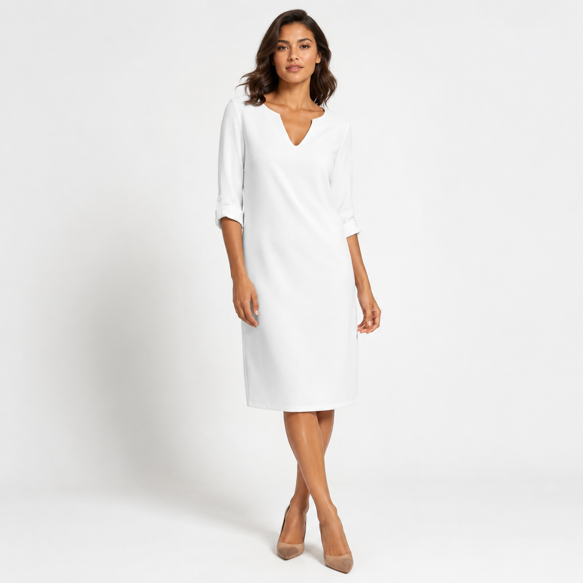 Montarello Women's Linen-Look V-Neck 3/4-Sleeve Midi Dress