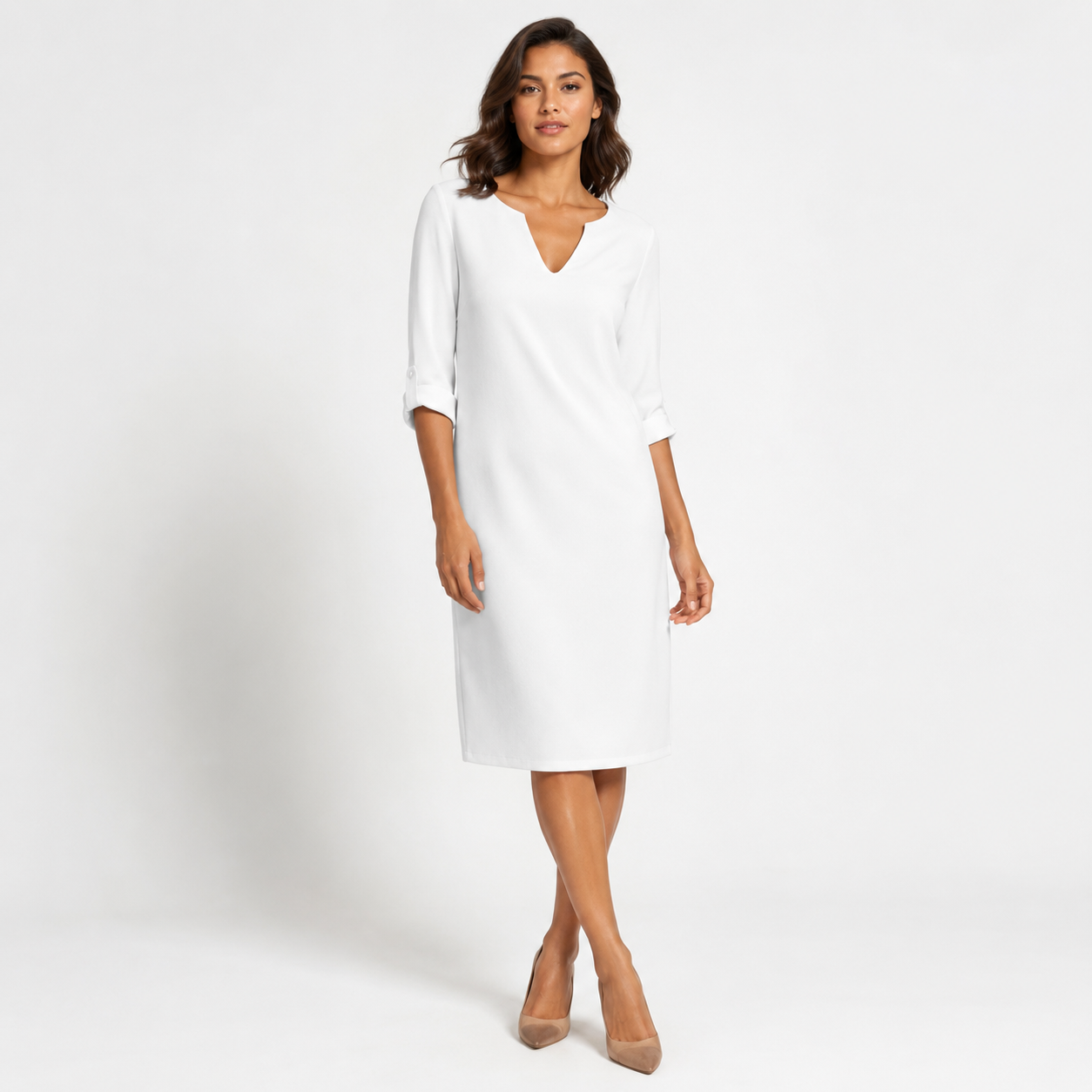 Montarello Women's Linen-Look V-Neck 3/4-Sleeve Midi Dress