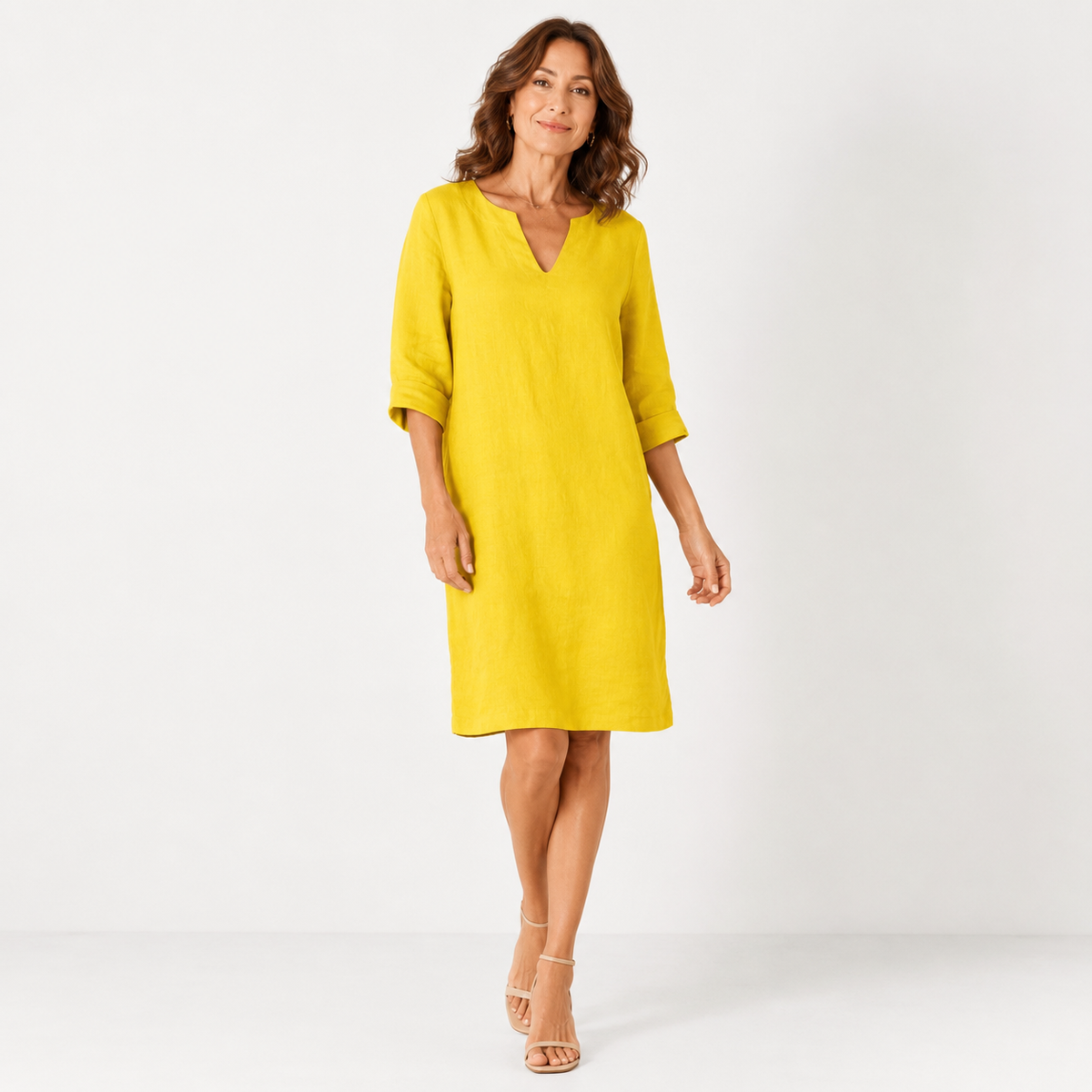 Montarello Women's Linen-Look V-Neck 3/4-Sleeve Midi Dress