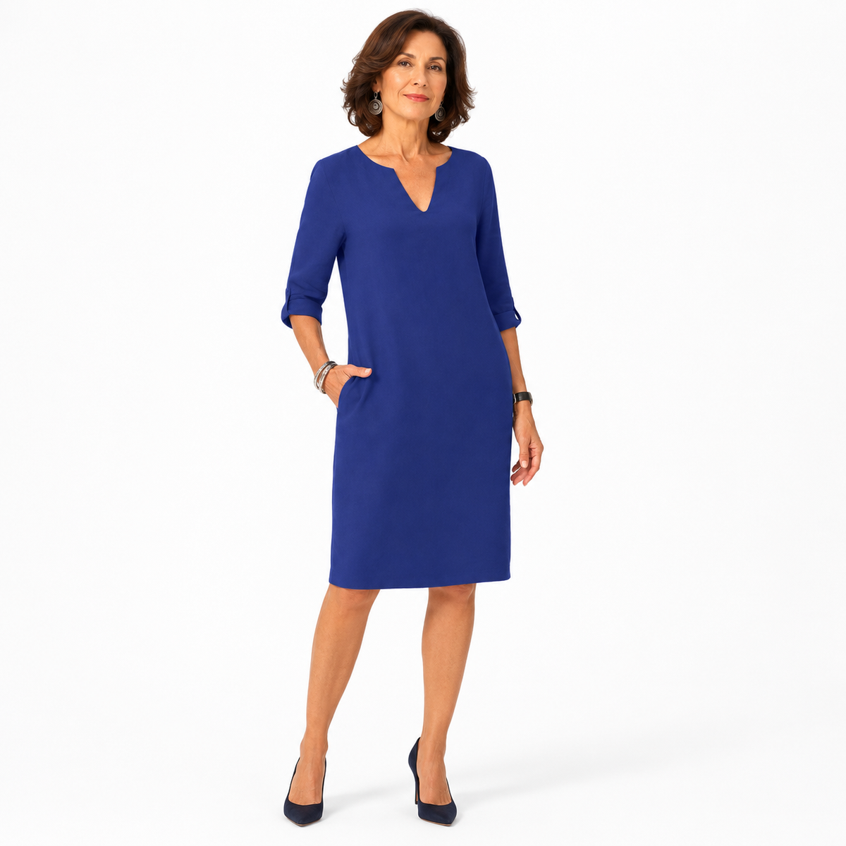 Montarello Women's Linen-Look V-Neck 3/4-Sleeve Midi Dress