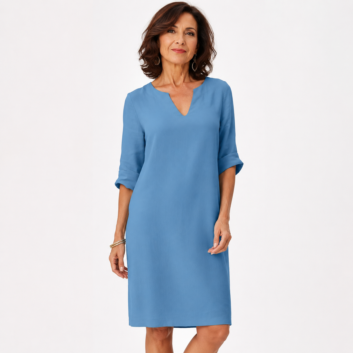 Montarello Women's Linen-Look V-Neck 3/4-Sleeve Midi Dress