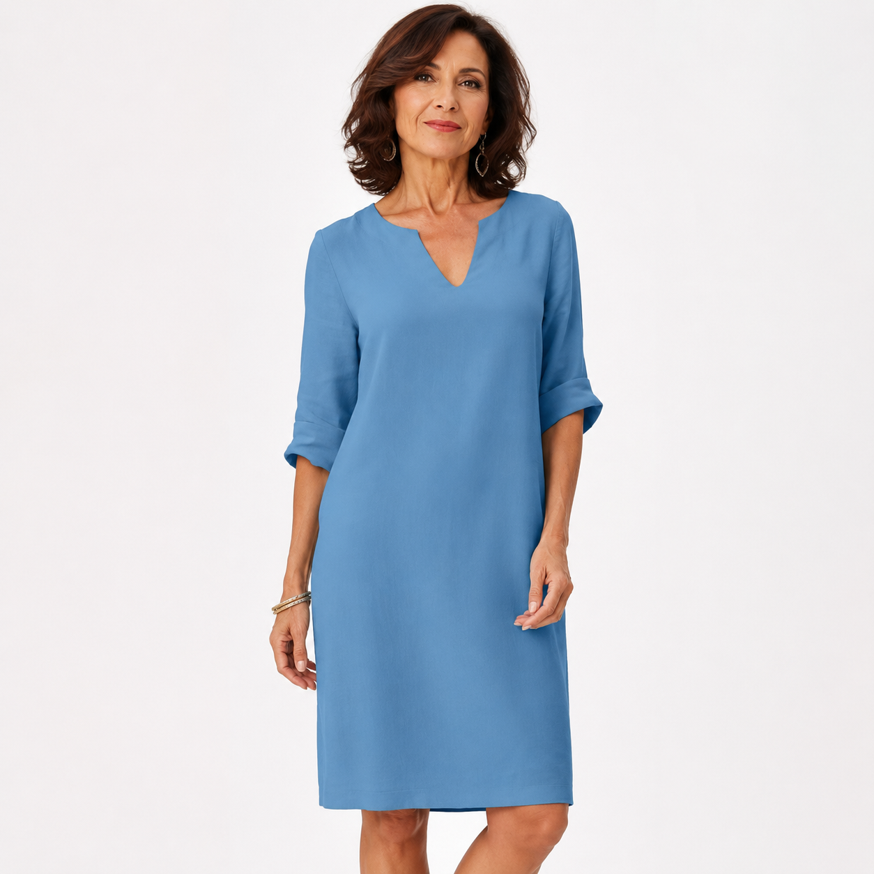 Montarello Women's Linen-Look V-Neck 3/4-Sleeve Midi Dress