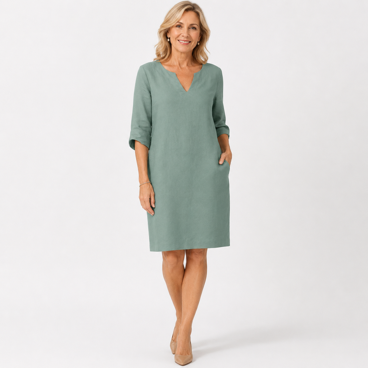 Montarello Women's Linen-Look V-Neck 3/4-Sleeve Midi Dress