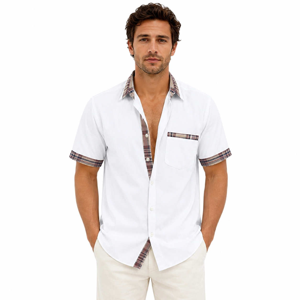Montarello Men's Short-Sleeve Contrast-Trim Button-Up Summer Shirt