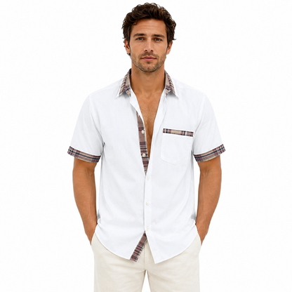 Montarello Men's Short-Sleeve Contrast-Trim Button-Up Summer Shirt