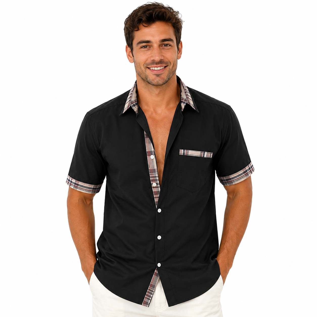 Montarello Men's Short-Sleeve Contrast-Trim Button-Up Summer Shirt