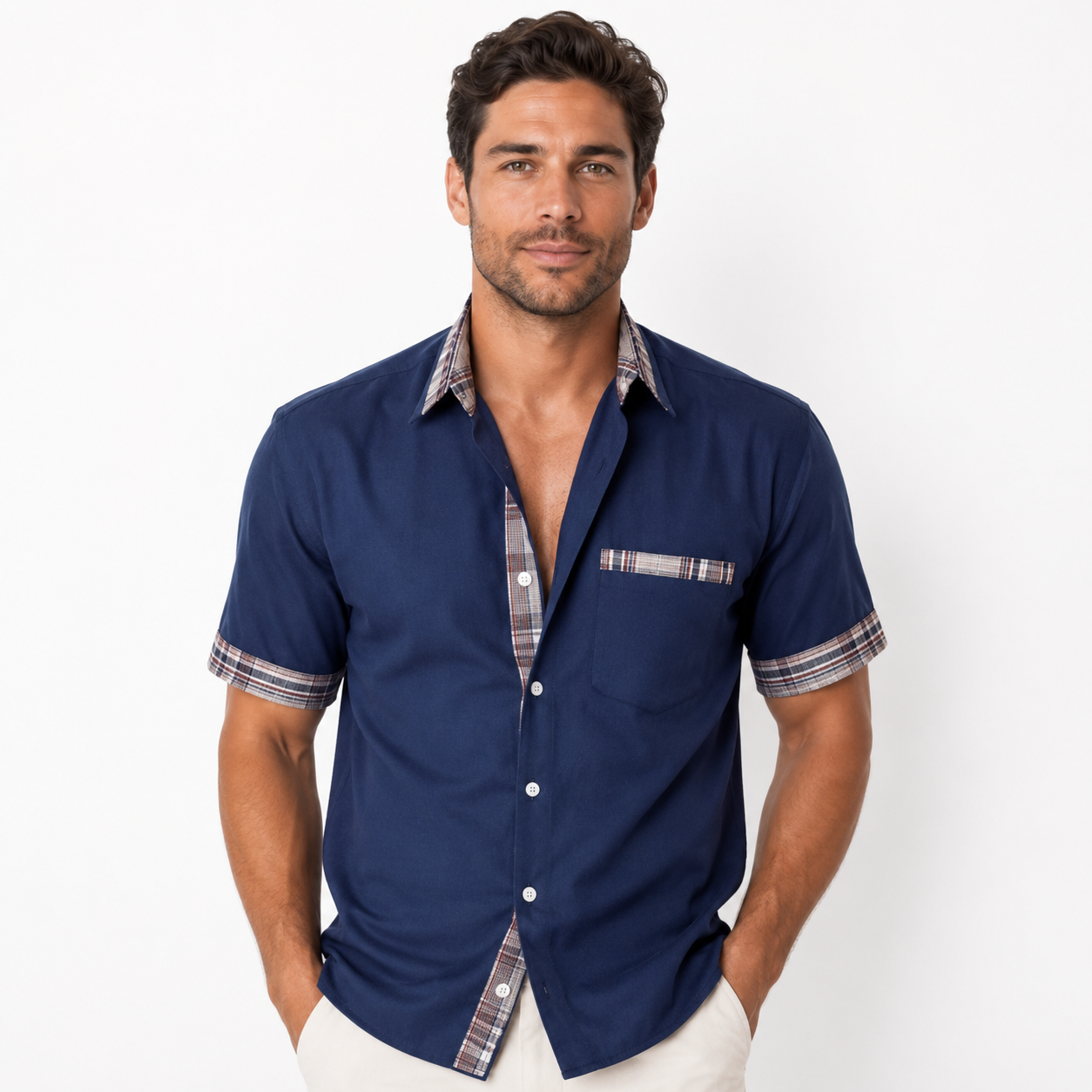 Montarello Men's Short-Sleeve Contrast-Trim Button-Up Summer Shirt