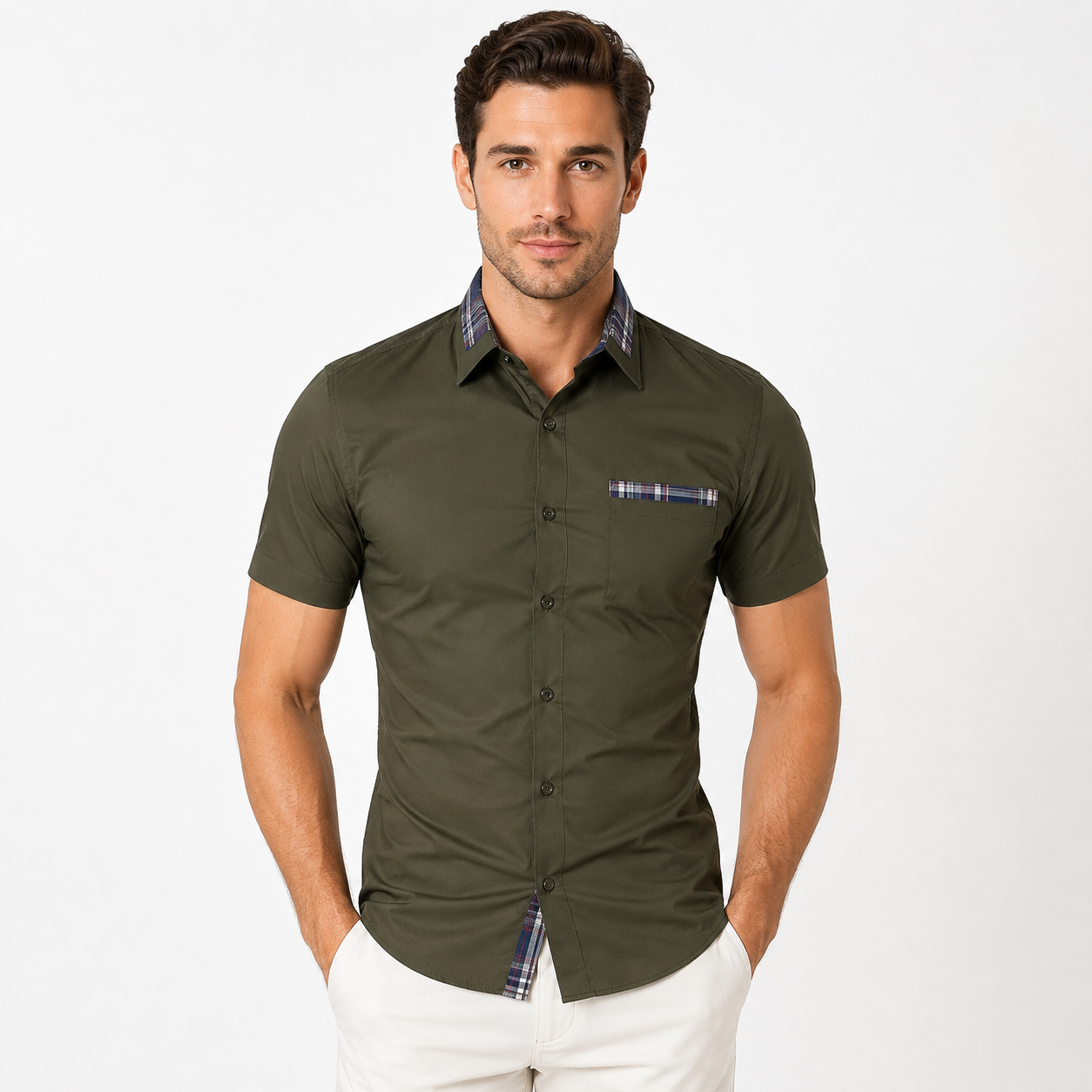 Montarello Men's Short-Sleeve Contrast-Trim Button-Up Summer Shirt