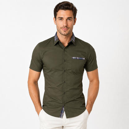 Montarello Men's Short-Sleeve Contrast-Trim Button-Up Summer Shirt