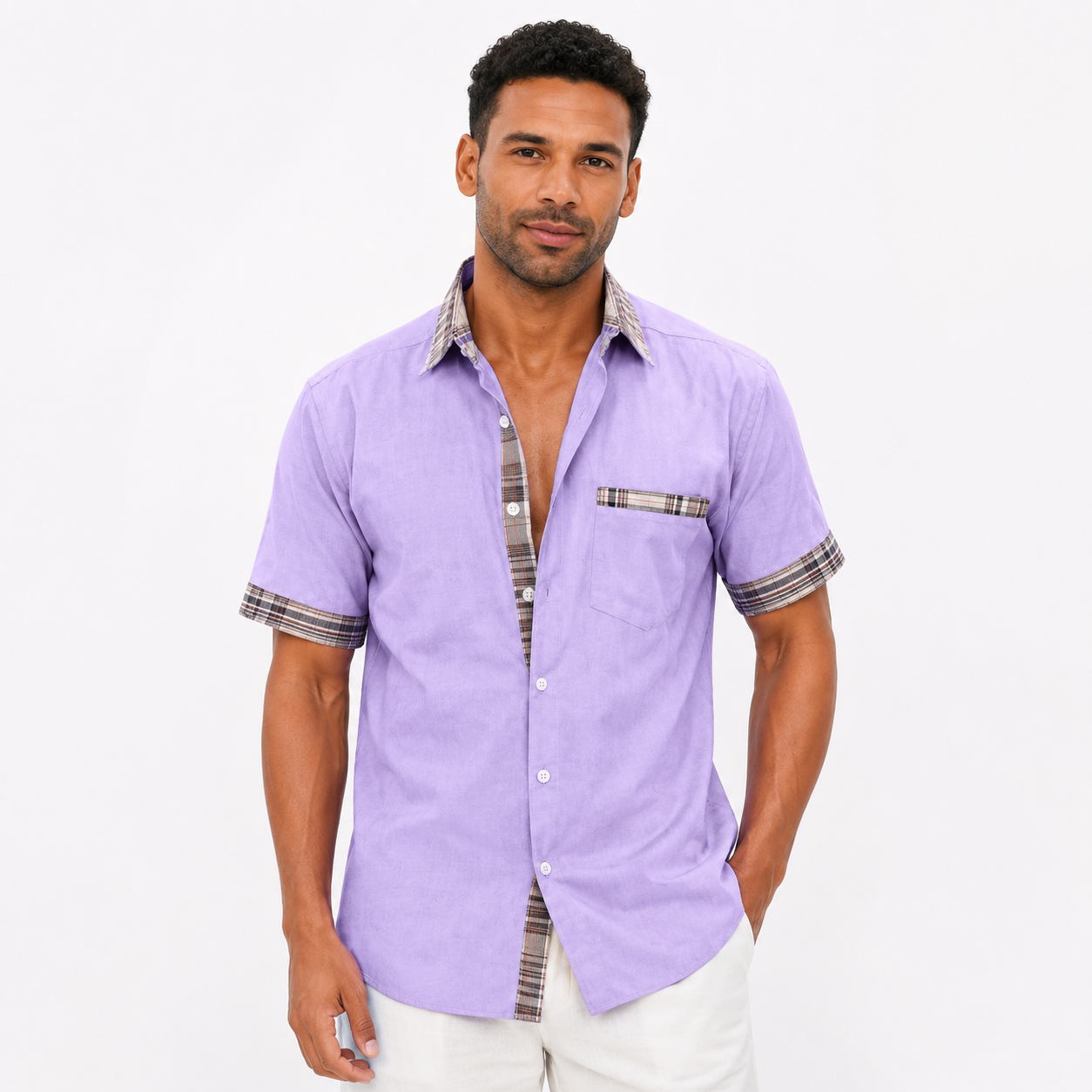 Montarello Men's Short-Sleeve Contrast-Trim Button-Up Summer Shirt