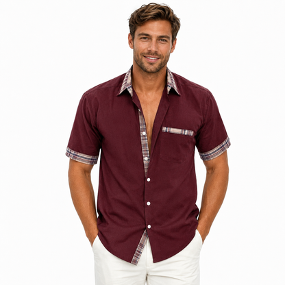 Montarello Men's Short-Sleeve Contrast-Trim Button-Up Summer Shirt