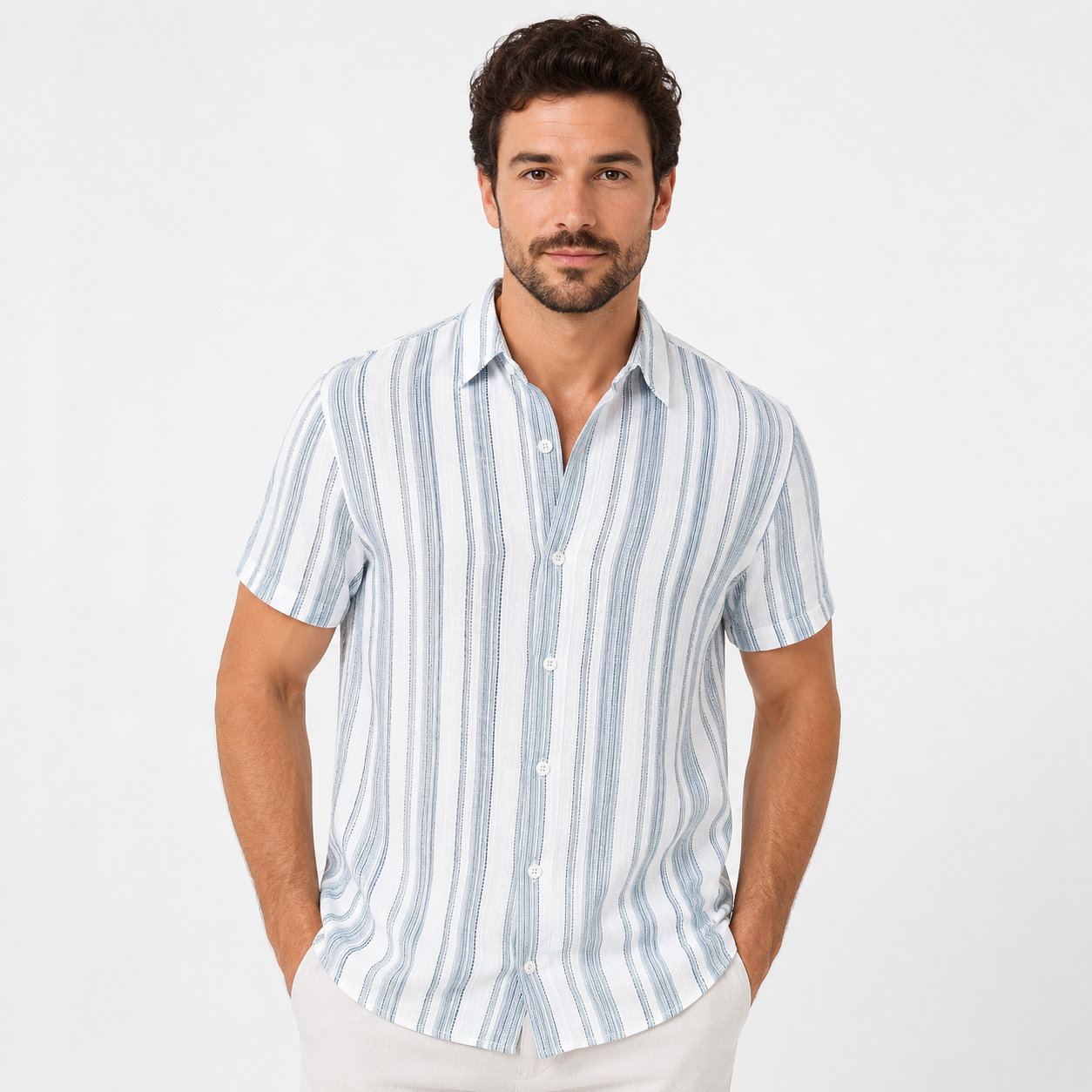 Montarello Men's Striped Short-Sleeve Linen-Look Beach Summer Shirt