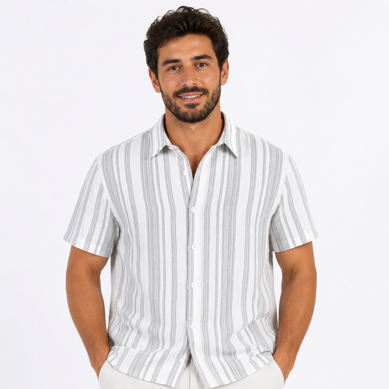 Montarello Men's Striped Short-Sleeve Linen-Look Beach Summer Shirt