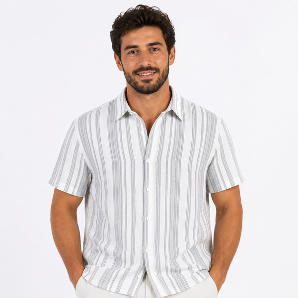Montarello Men's Striped Short-Sleeve Linen-Look Beach Summer Shirt