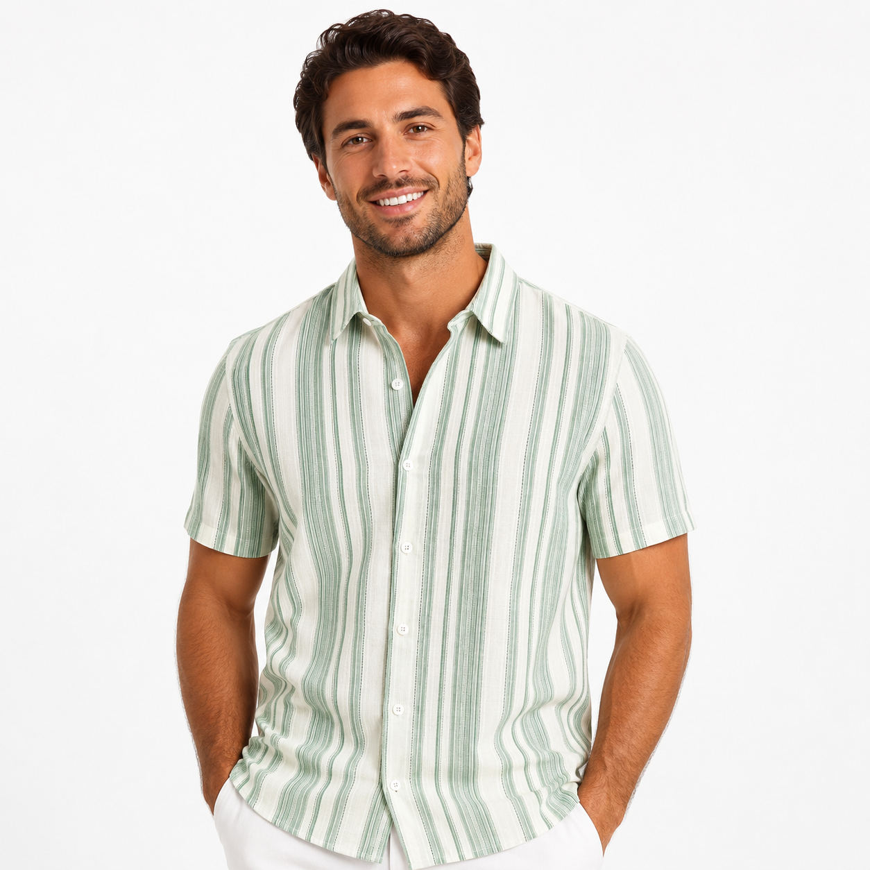 Montarello Men's Striped Short-Sleeve Linen-Look Beach Summer Shirt