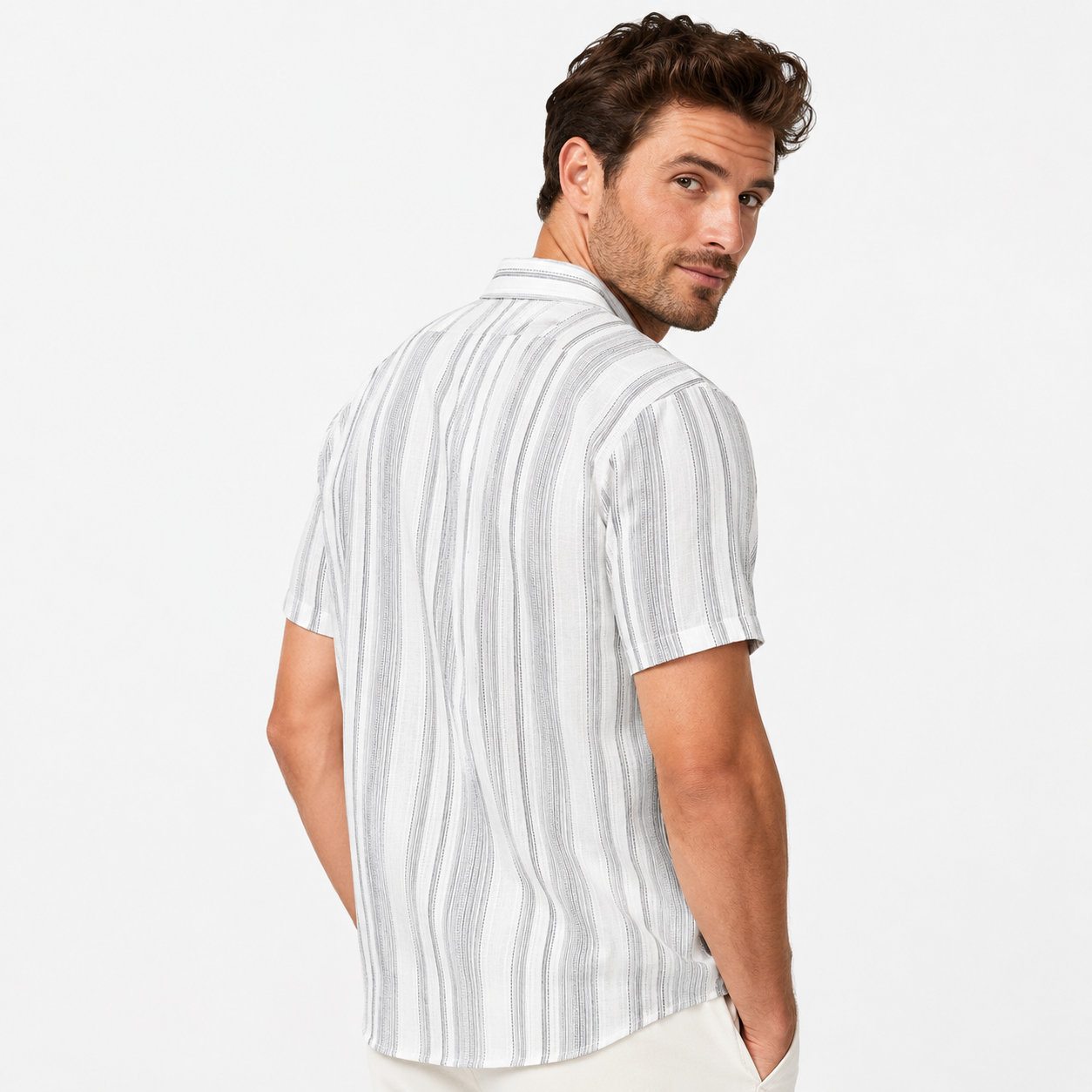 Montarello Men's Striped Short-Sleeve Linen-Look Beach Summer Shirt