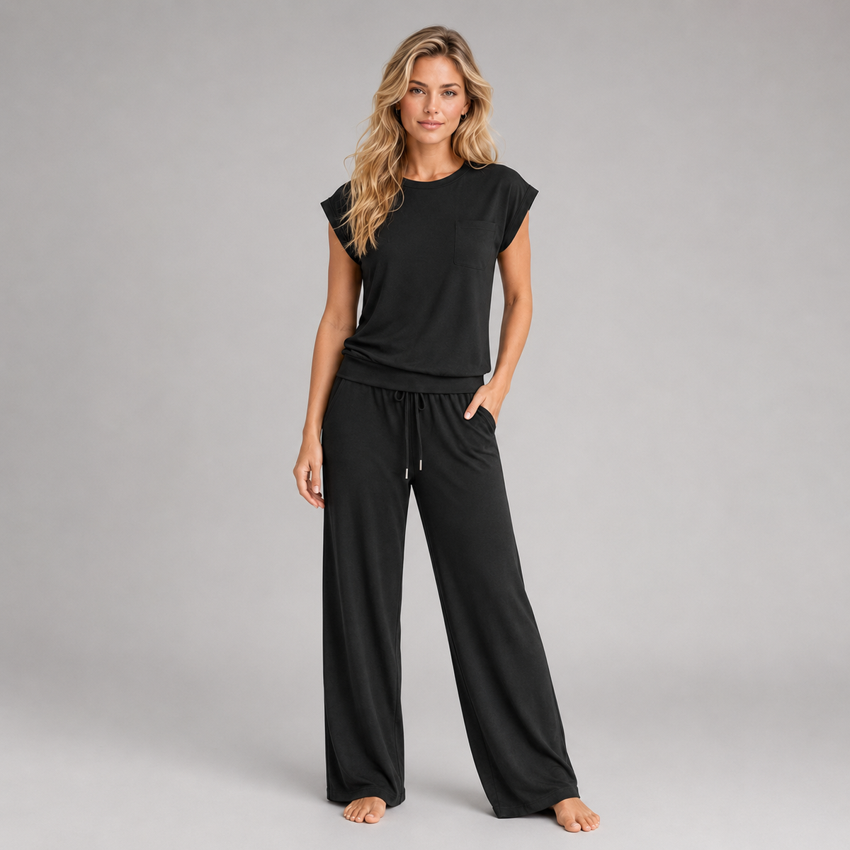 Montarello Women's Lounge Set Cap Sleeve Wide Leg Trousers