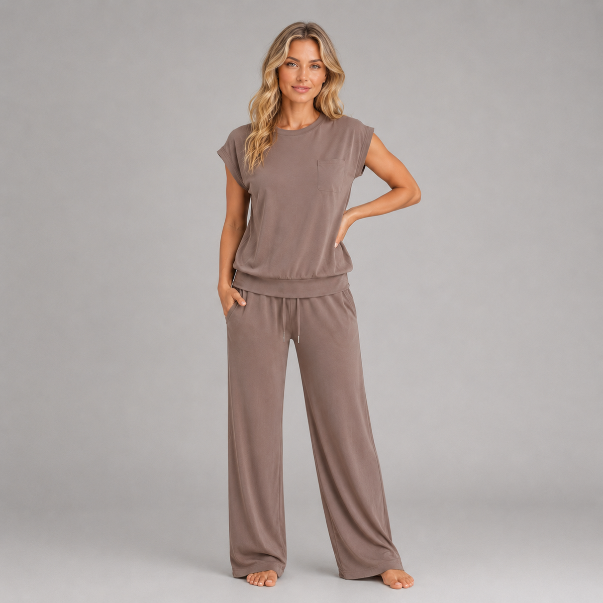 Montarello Women's Lounge Set Cap Sleeve Wide Leg Trousers