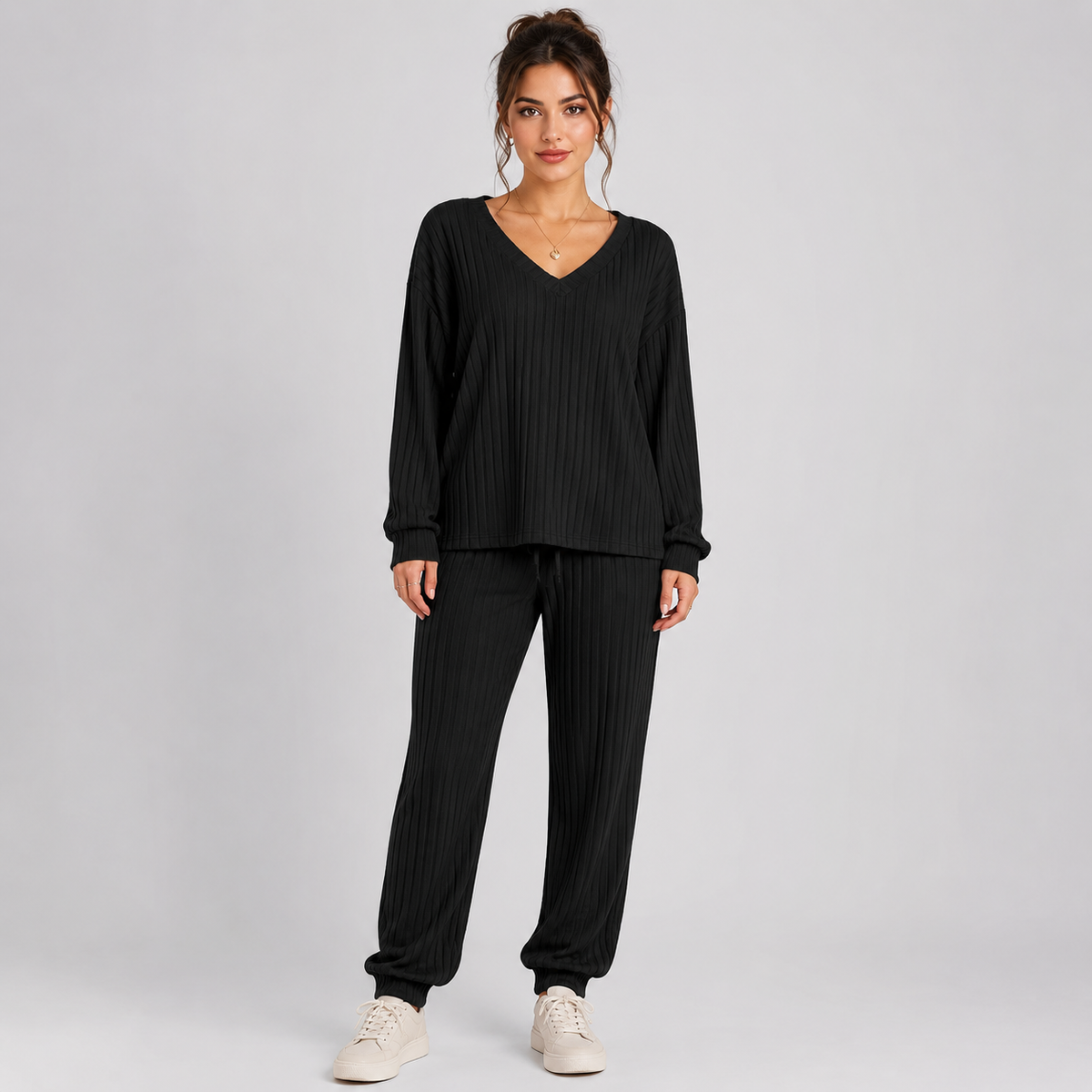 Montarello Women's Lounge Set Ribbed V-Neck Tapered