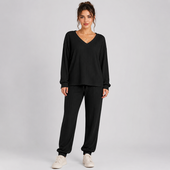 Montarello Women's Lounge Set Ribbed V-Neck Tapered