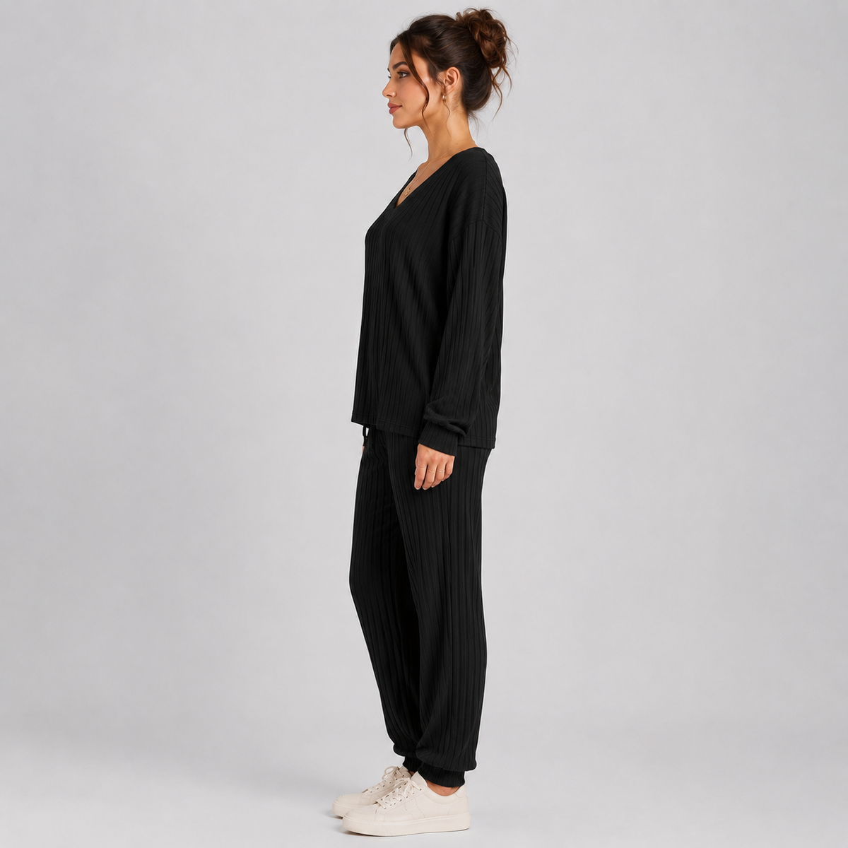 Montarello Women's Lounge Set Ribbed V-Neck Tapered