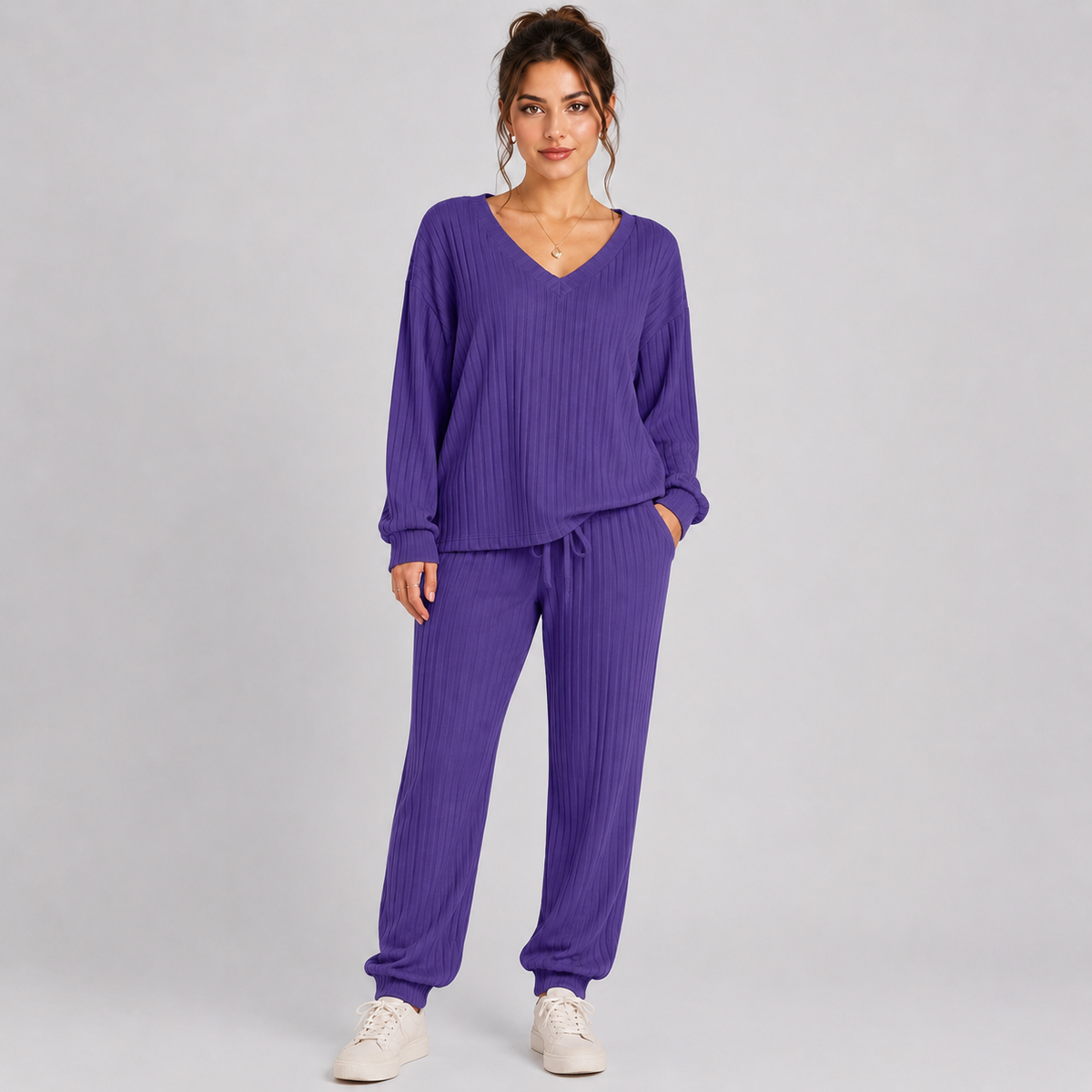 Montarello Women's Lounge Set Ribbed V-Neck Tapered