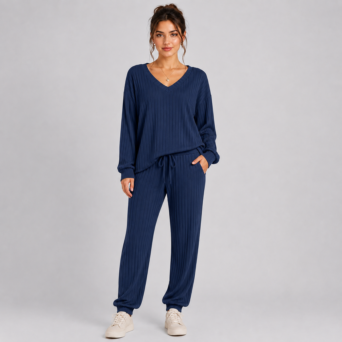 Montarello Women's Lounge Set Ribbed V-Neck Tapered
