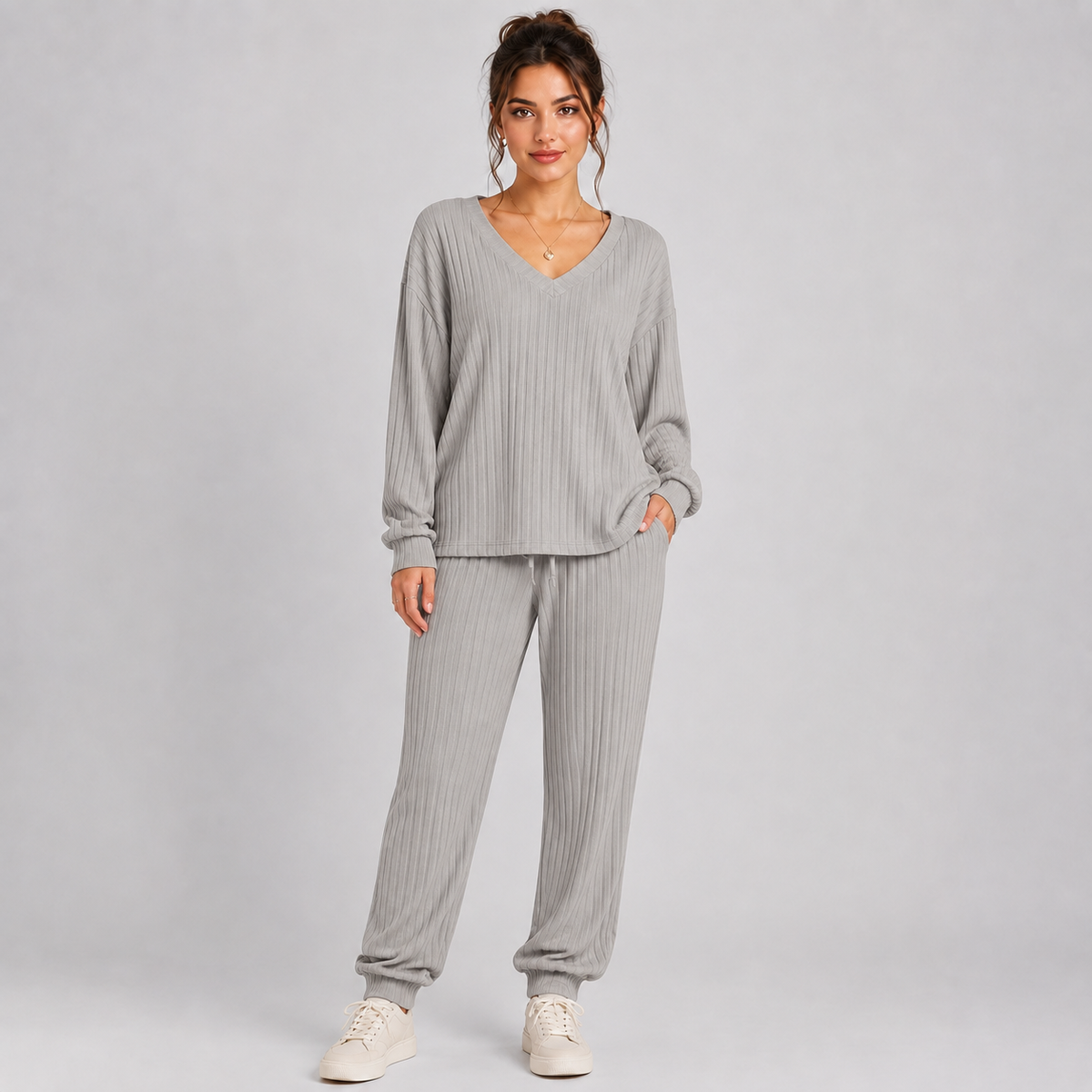 Montarello Women's Lounge Set Ribbed V-Neck Tapered