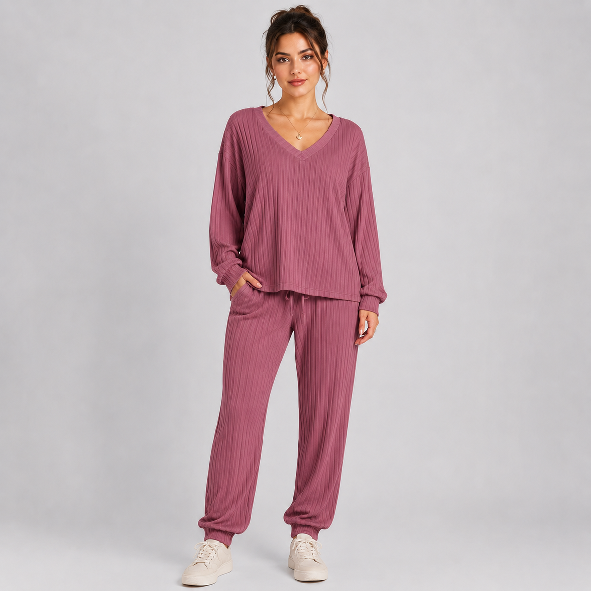 Montarello Women's Lounge Set Ribbed V-Neck Tapered