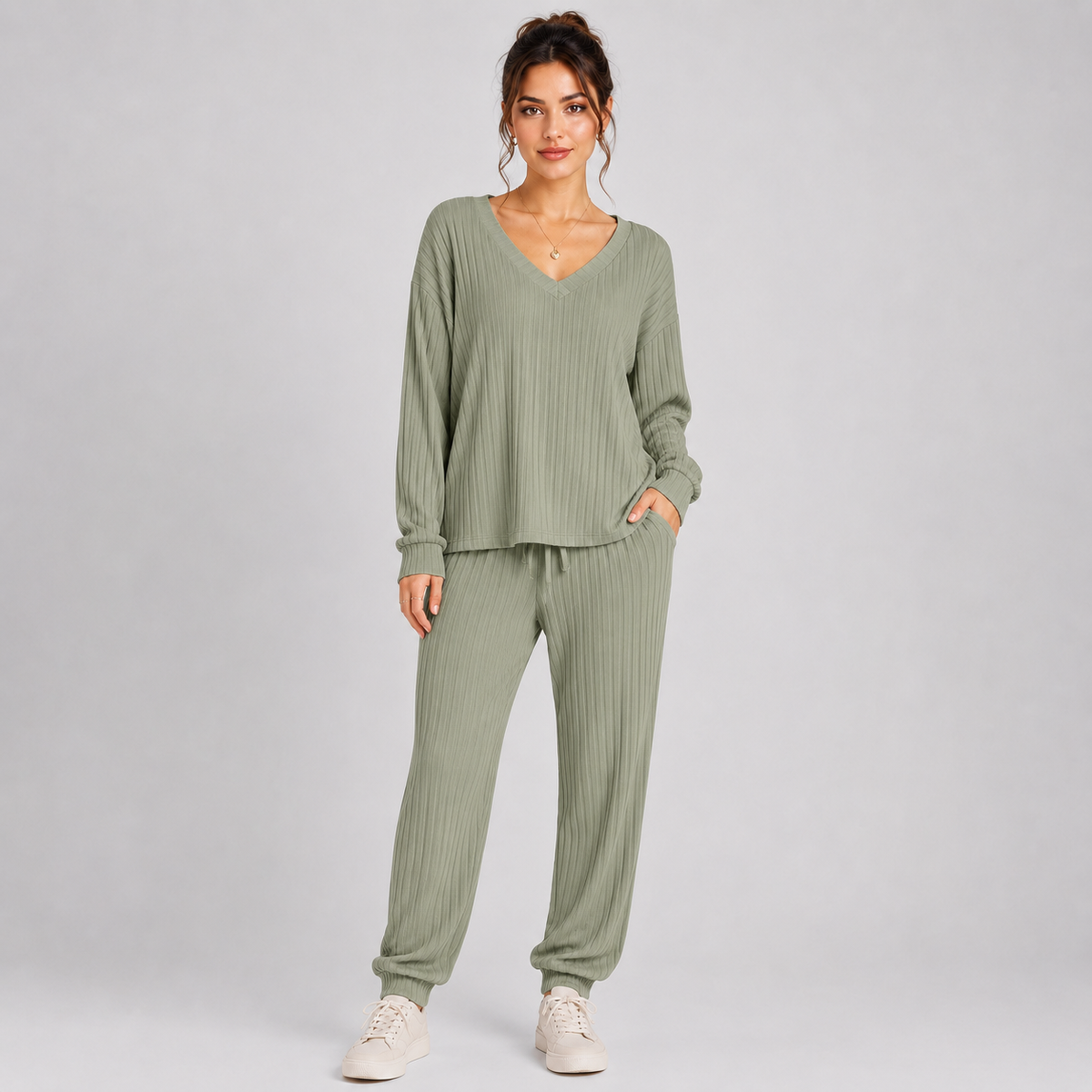 Montarello Women's Lounge Set Ribbed V-Neck Tapered