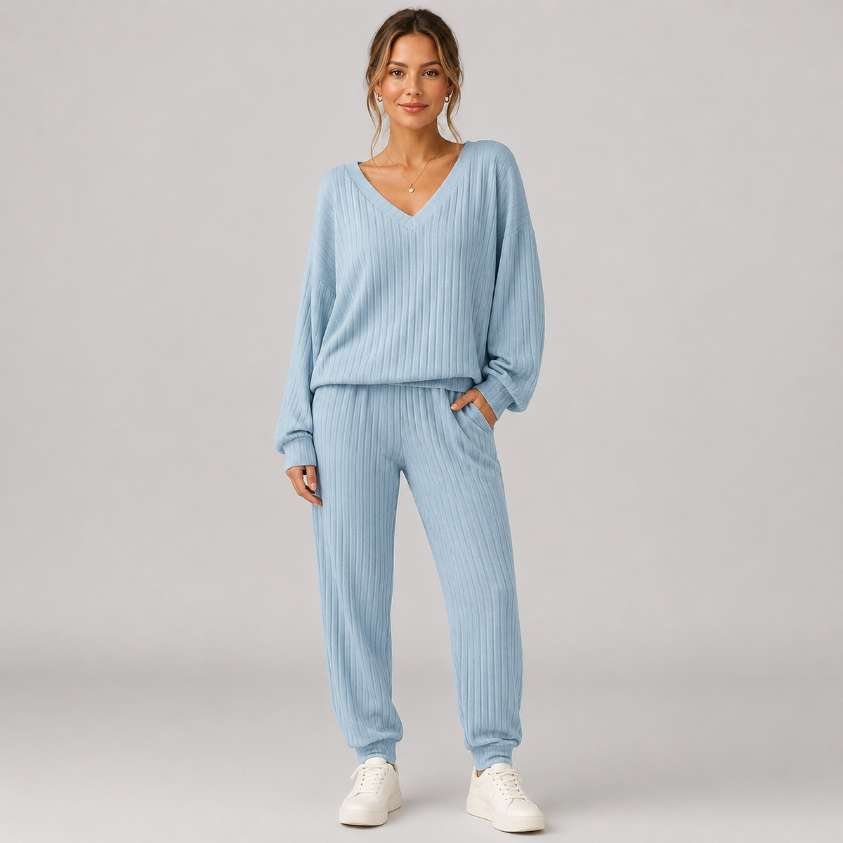 Montarello Women's Lounge Set Ribbed V-Neck Tapered