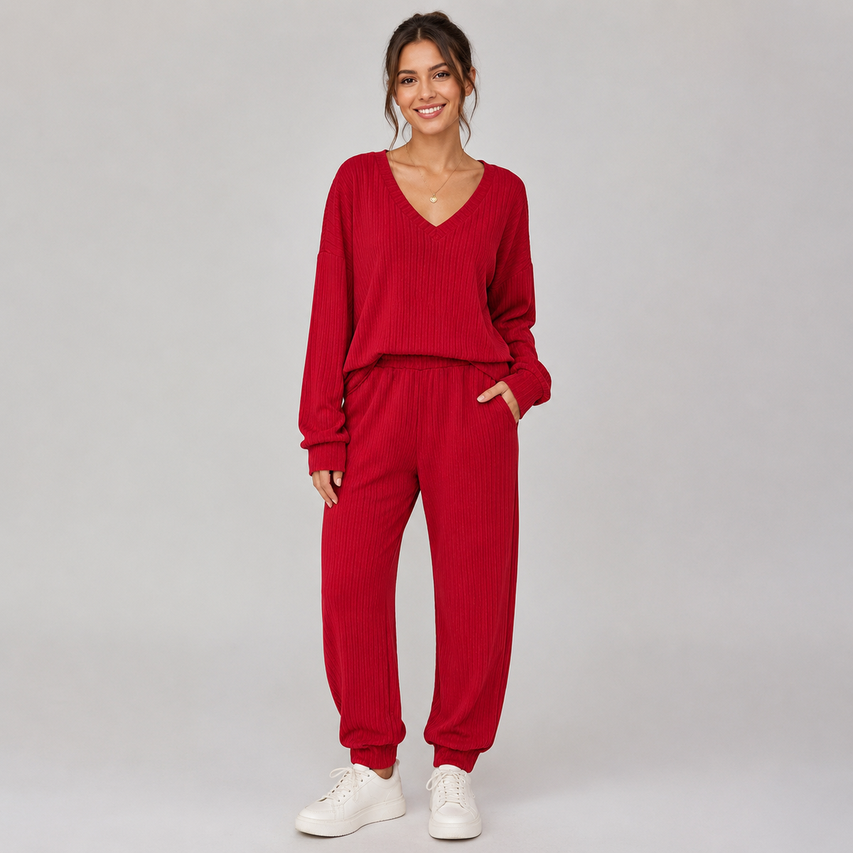 Montarello Women's Lounge Set Ribbed V-Neck Tapered