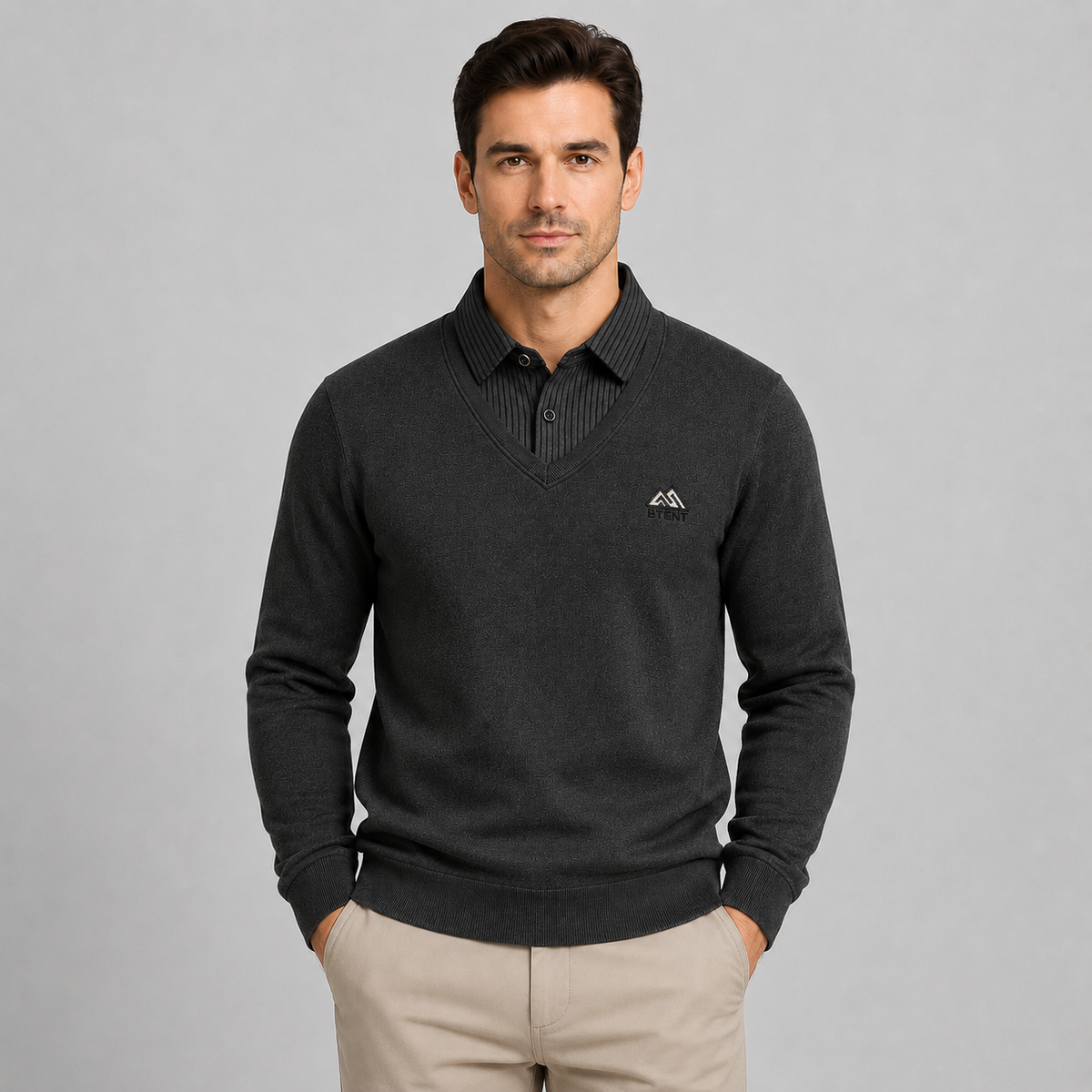 Montarello Men's Polo Sweater with Fleece Lining and Mock Layer