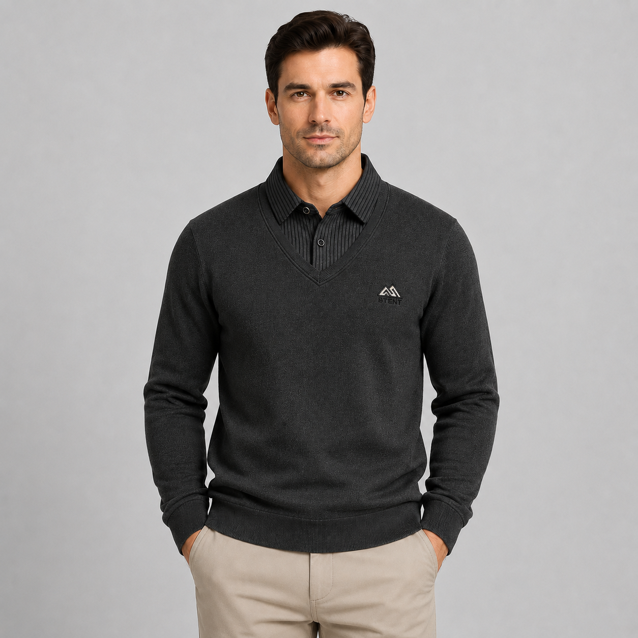 Montarello Men's Polo Sweater with Fleece Lining and Mock Layer