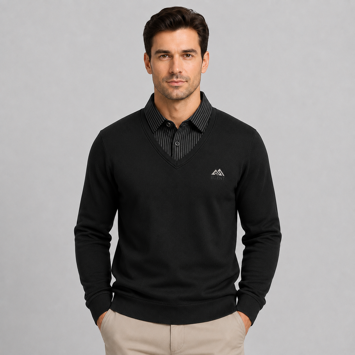 Montarello Men's Polo Sweater with Fleece Lining and Mock Layer