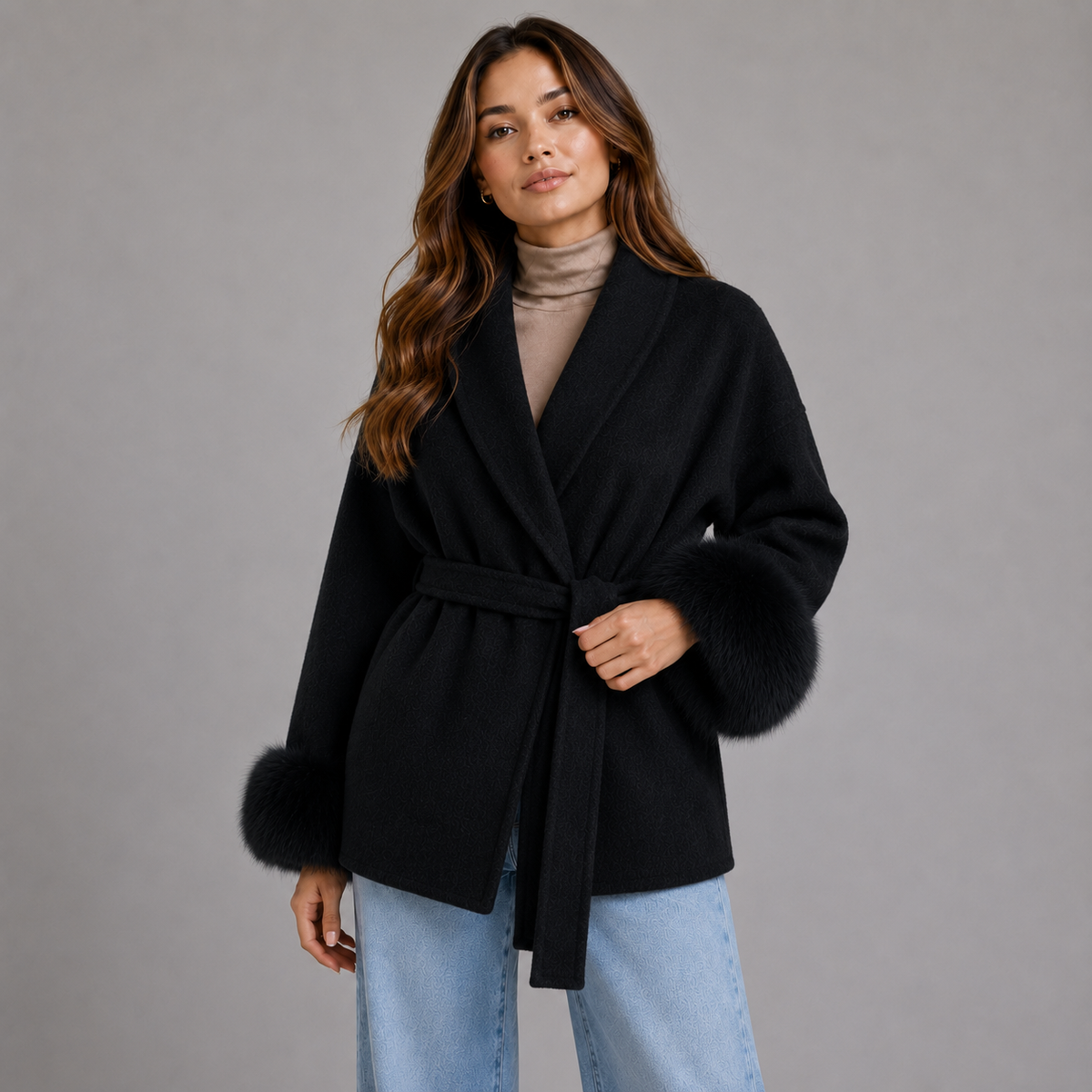 Montarello Women's Belted Wool-Blend Wrap Coat with Faux Fur Trim