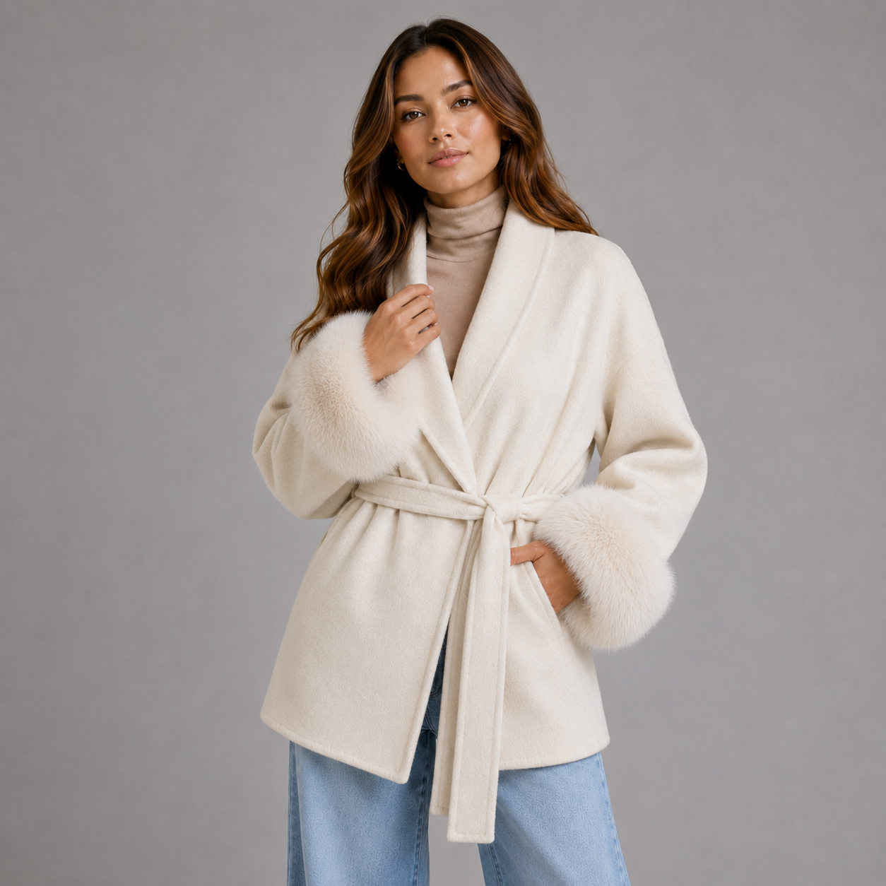 Montarello Women's Belted Wool-Blend Wrap Coat with Faux Fur Trim