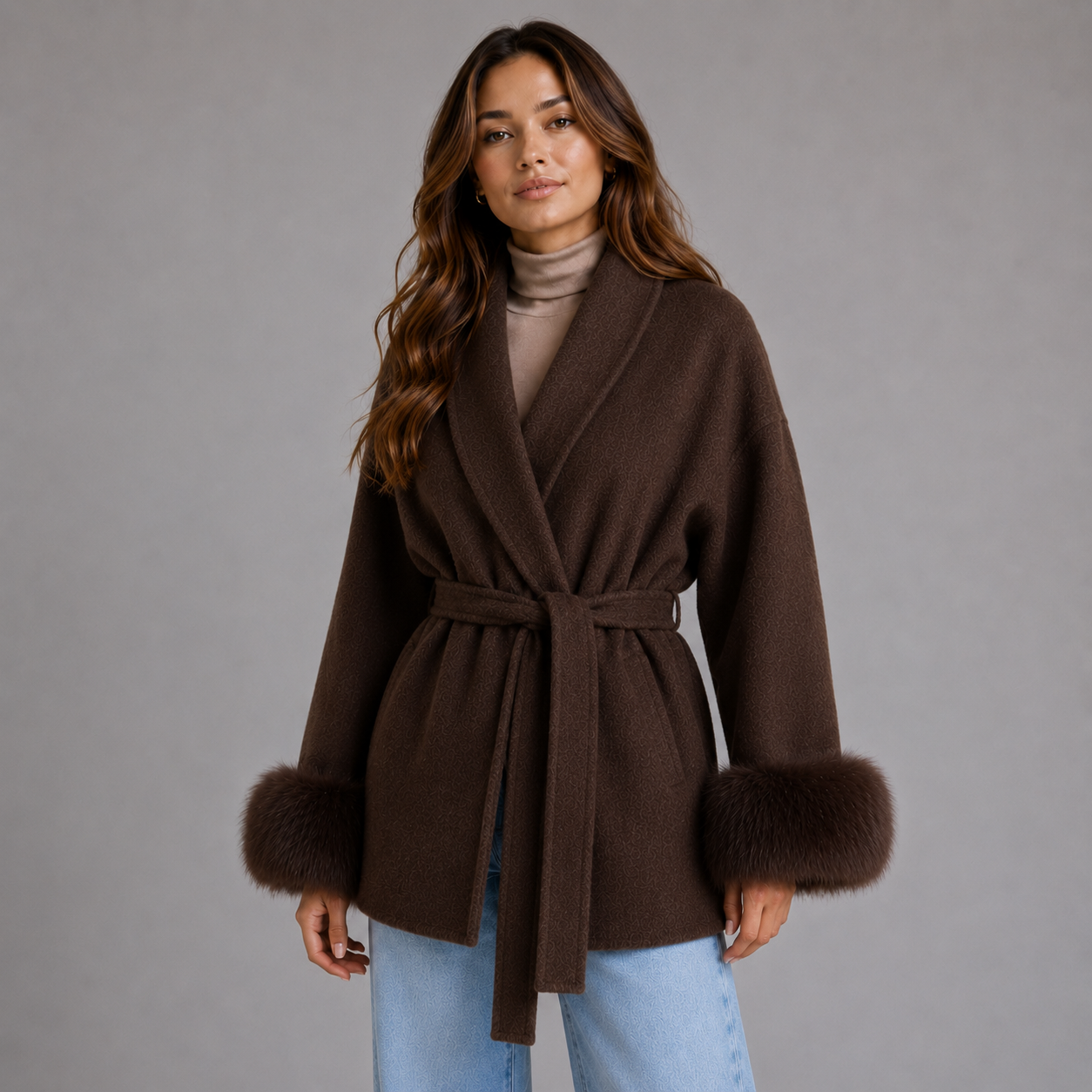 Montarello Women's Belted Wool-Blend Wrap Coat with Faux Fur Trim