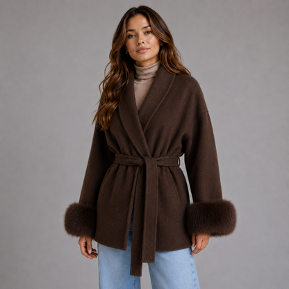 Montarello Women's Belted Wool-Blend Wrap Coat with Faux Fur Trim