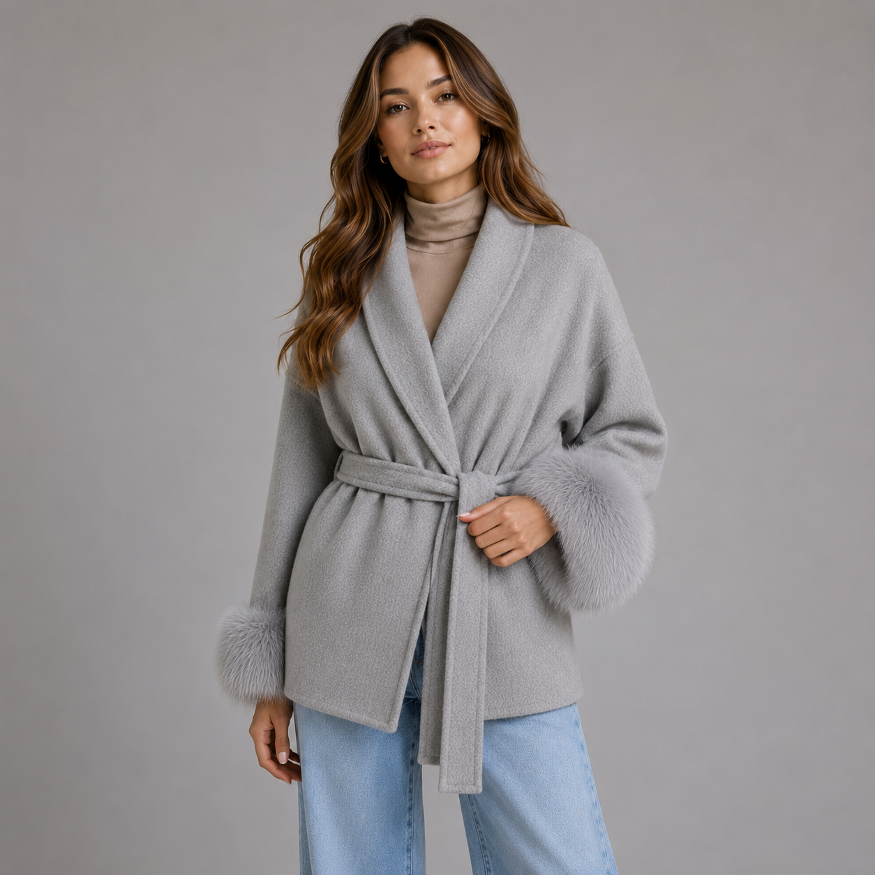 Montarello Women's Belted Wool-Blend Wrap Coat with Faux Fur Trim