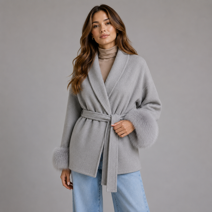 Montarello Women's Belted Wool-Blend Wrap Coat with Faux Fur Trim