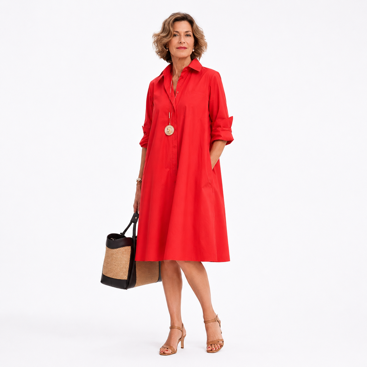 Montarello Women's Belted Button-Front Flowing Midi Shirt Dress