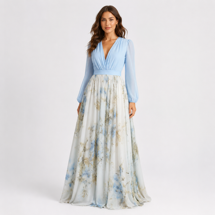 Montarello Women's Floral V-Neck Sheer Sleeve Maxi Occasion Dress
