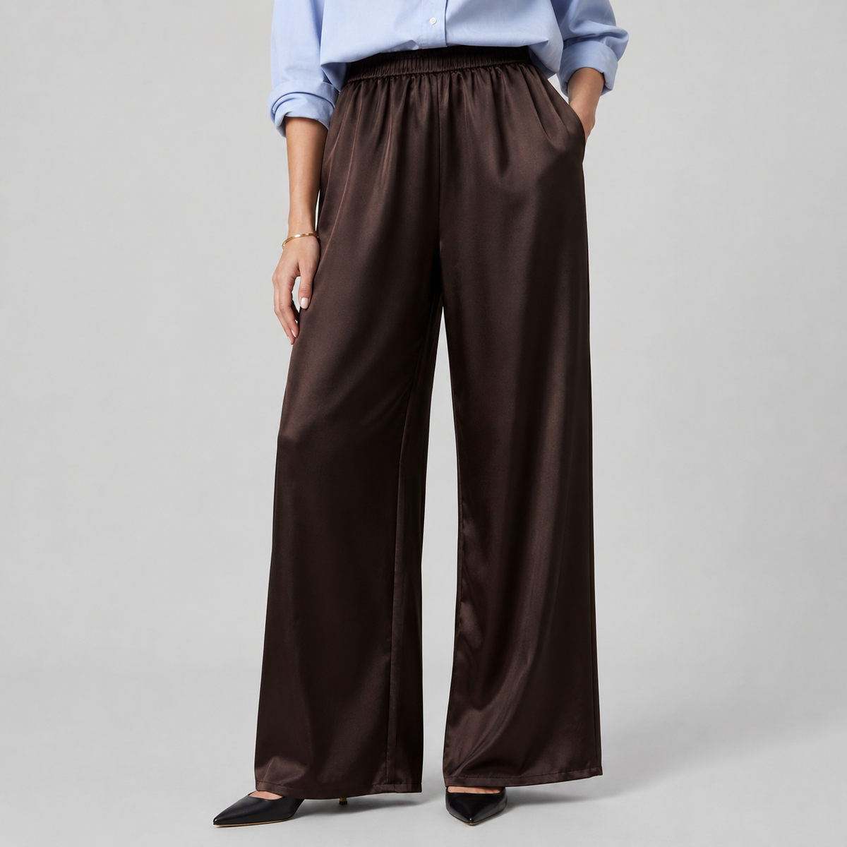 Montarello Women's Satin-Look Wide Leg Trousers with High Waist