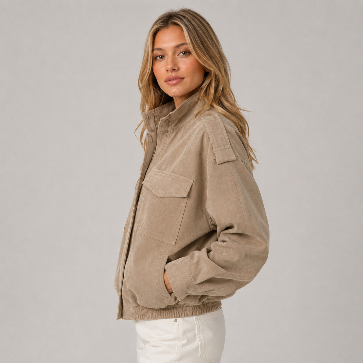 Montarello Women's Suede-Look Bomber Jacket with Pockets