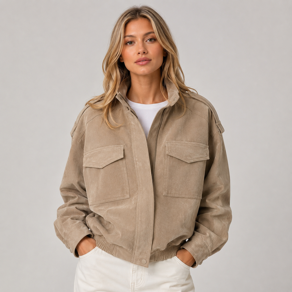 Montarello Women's Suede-Look Bomber Jacket with Pockets