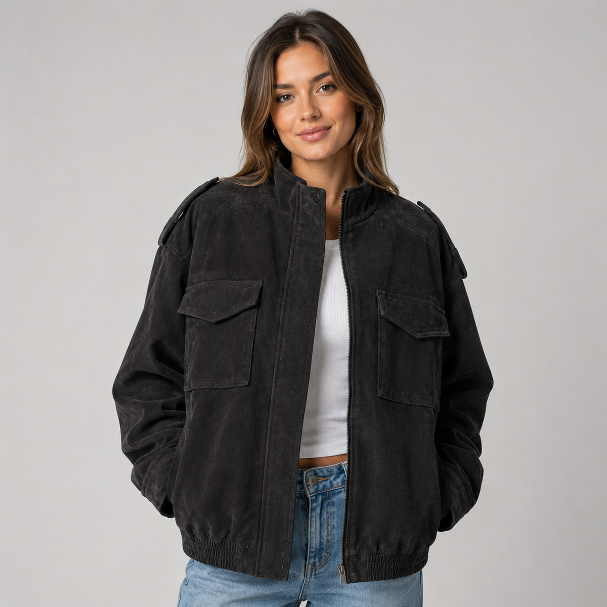 Montarello Women's Suede-Look Bomber Jacket with Pockets