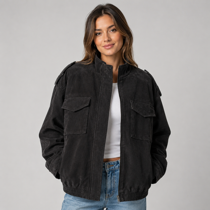 Montarello Women's Suede-Look Bomber Jacket with Pockets