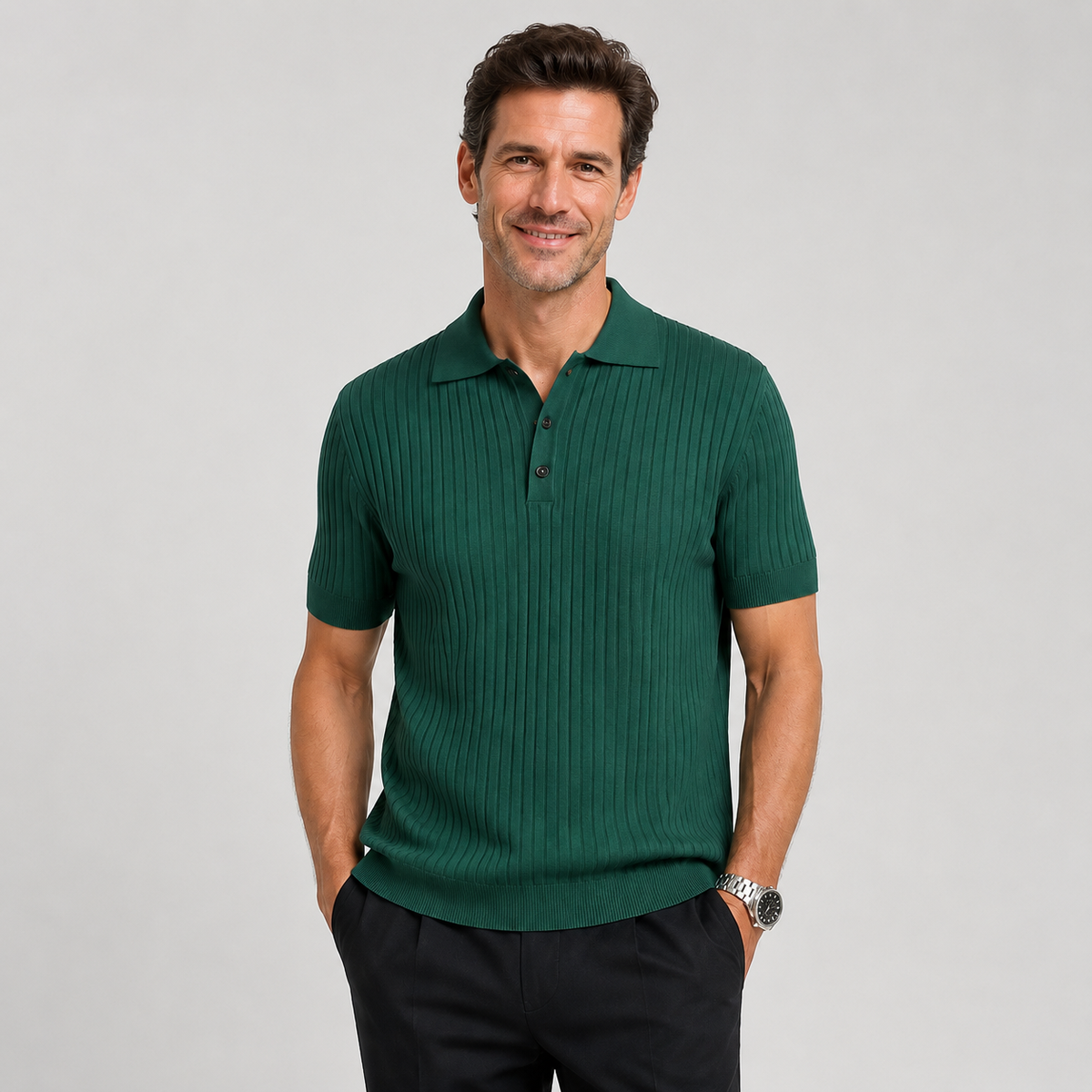 Montarello Men's Striped Knit Polo Shirt with Lapel Collar